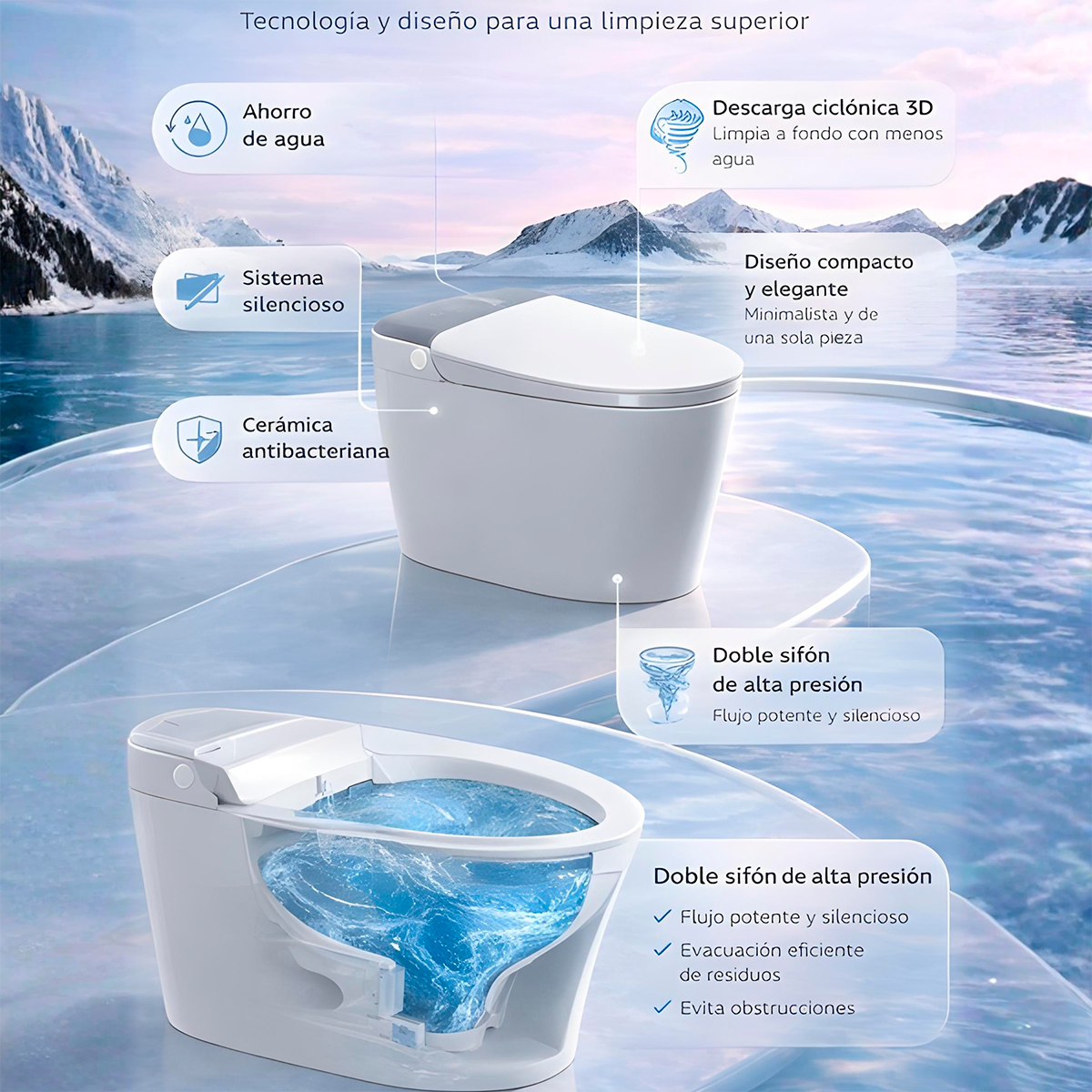 Inodoro Inteligente Premium One Piece Minimalista Silencioso Ahorro de Agua Ref. H836